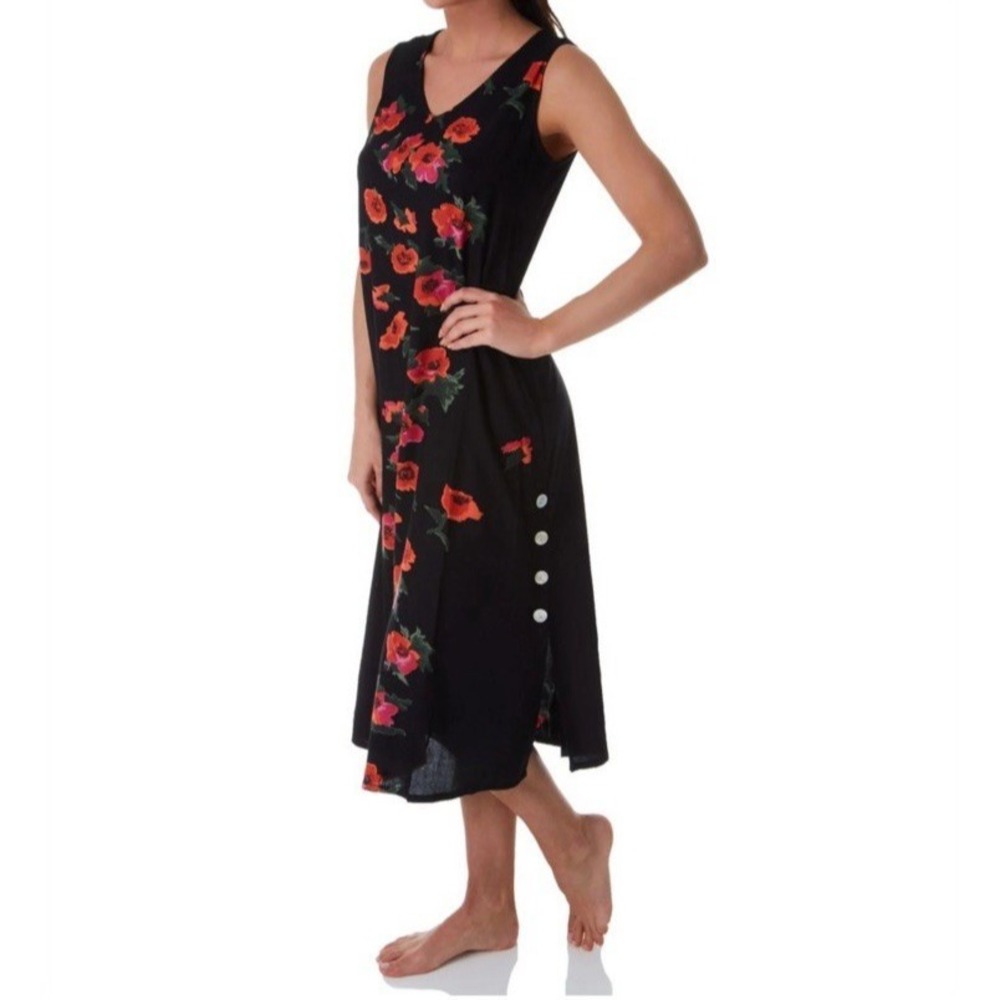 La Cera Midi Dress Size XL Black Red Poppy Floral V Neck Sleeveless Button Side